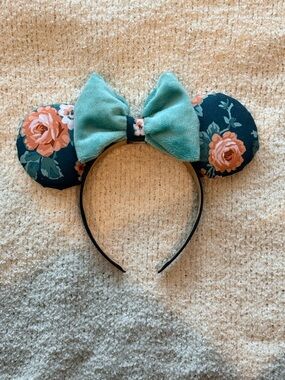 Floral Minnie Mouse Disney ears Headband with Teal Velvet Bow white pearl trim